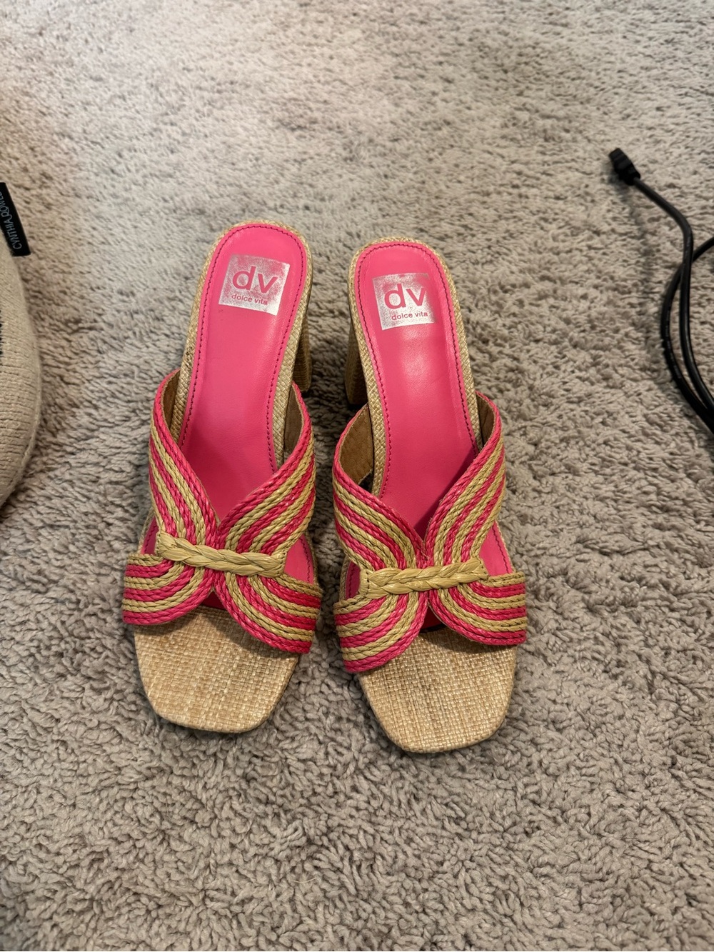 DV by Dolce Vita Hot Pink and Natural Braided Raffia Knot Mules